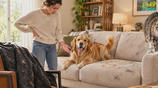 Fido Fave reusable pet hair remover glove product demo — washable electrostatic mitt for lifting dog and cat hair from fabric surfaces