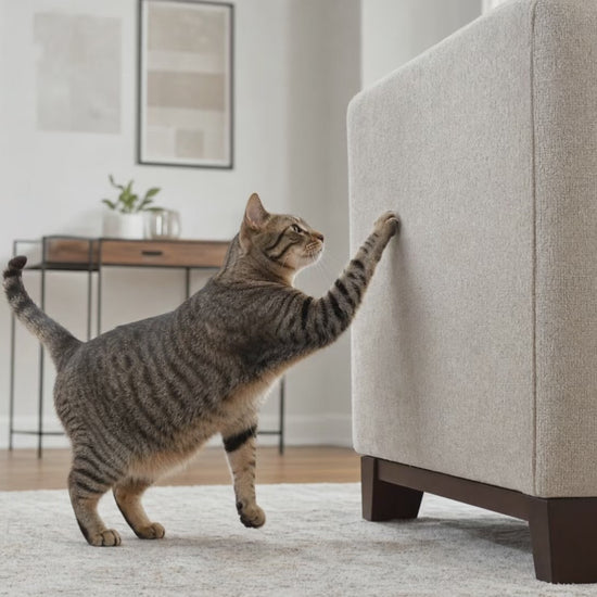 Fido Fave cat scratch furniture protector demo — unrolling the clear film, peeling and smoothing it onto a sofa arm, then shown on a bed frame and cabinet doors