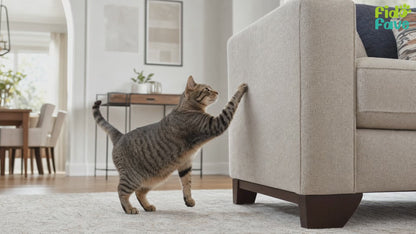 Fido Fave cat scratch furniture protector demo — unrolling the clear film, peeling and smoothing it onto a sofa arm, then shown on a bed frame and cabinet doors