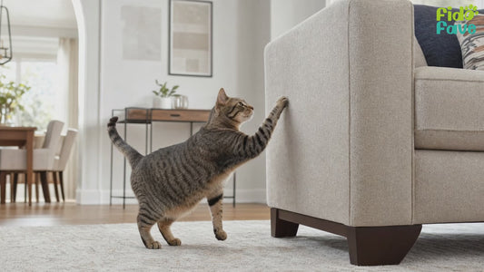 Fido Fave cat scratch furniture protector demo — unrolling the clear film, peeling and smoothing it onto a sofa arm, then shown on a bed frame and cabinet doors