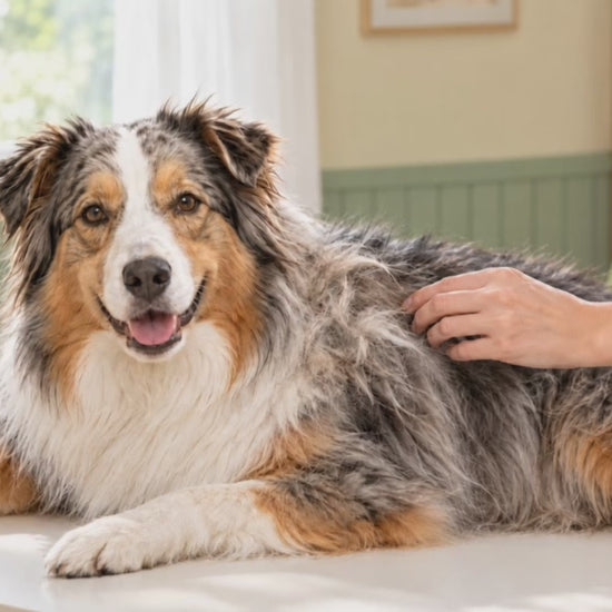 Fido Fave double-sided undercoat rake demo — close-up of the 9-teeth side loosening mats and tangles, then grooming footage lifting loose fur from long, wiry and double-coated dogs and cats, with all five handle colors