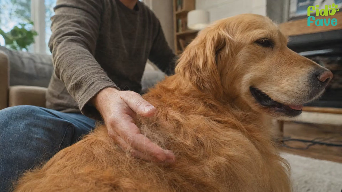 Fido Fave deshedding brush demo on a long-haired cat — gentle side first, then the firmer side to lift loose undercoat