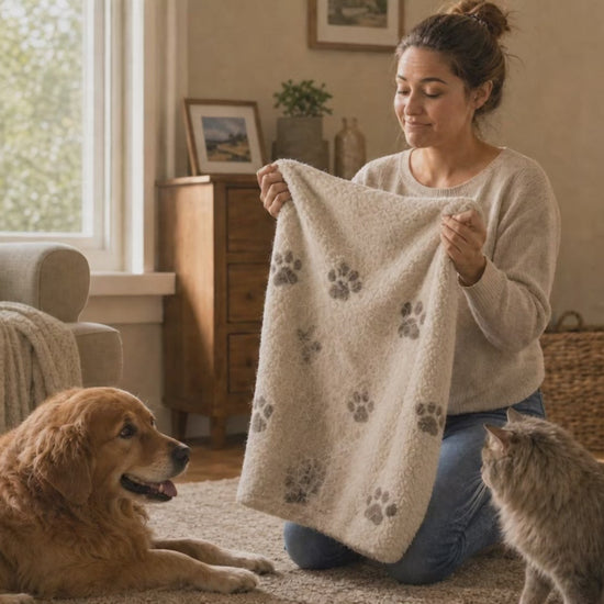 Fido Fave pet laundry detergent sheets demo — a single sheet dropped into the washer drum with paw-print pet blankets and bedding, then the clean, soft laundry folded, beside the 30-sheet box