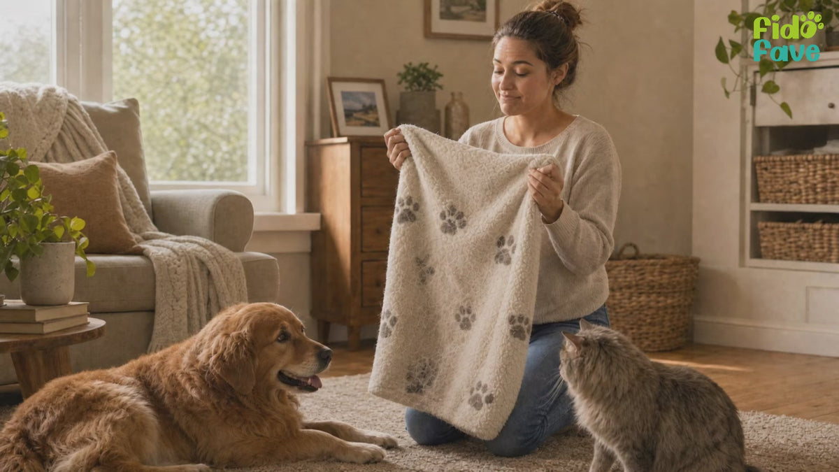 Fido Fave pet laundry detergent sheets demo — a single sheet dropped into the washer drum with paw-print pet blankets and bedding, then the clean, soft laundry folded, beside the 30-sheet box
