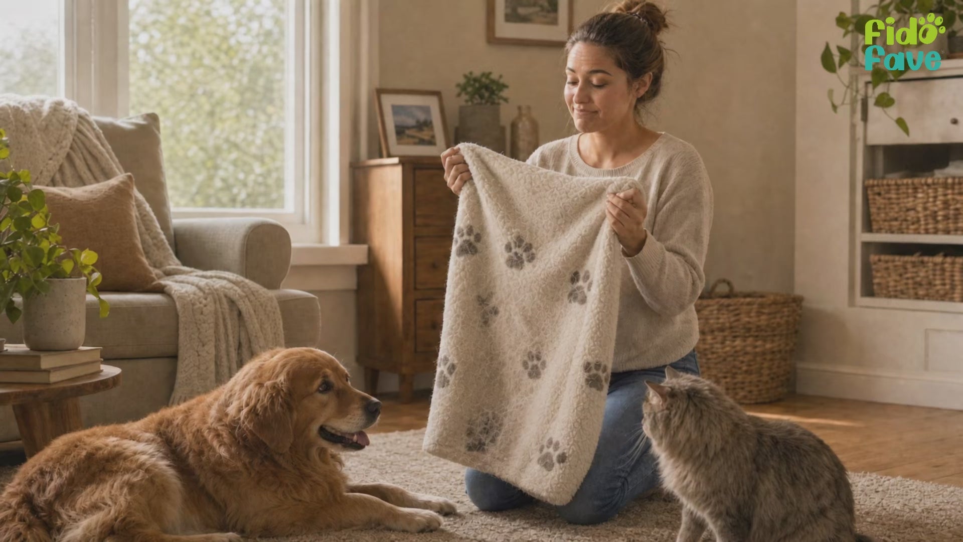 Fido Fave pet laundry detergent sheets demo — a single sheet dropped into the washer drum with paw-print pet blankets and bedding, then the clean, soft laundry folded, beside the 30-sheet box