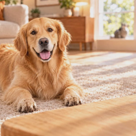 Fido Fave Clean Paws no-rinse paw cleaner foam demo — dirty paws after a walk, then the silicone brush head working foam into a white dog's paw pads and a wipe dry with no rinsing, shown in Fragrance-Free, Lemongrass Sage and Lavender Chamomile