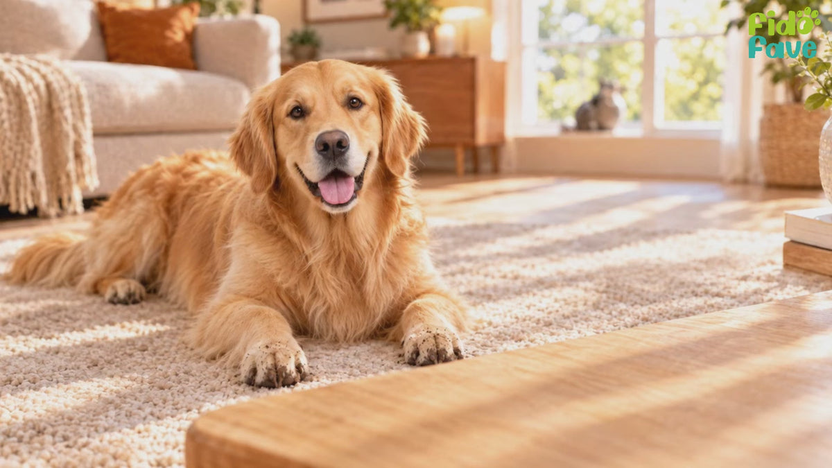 Fido Fave Clean Paws no-rinse paw cleaner foam demo — dirty paws after a walk, then the silicone brush head working foam into a white dog's paw pads and a wipe dry with no rinsing, shown in Fragrance-Free, Lemongrass Sage and Lavender Chamomile