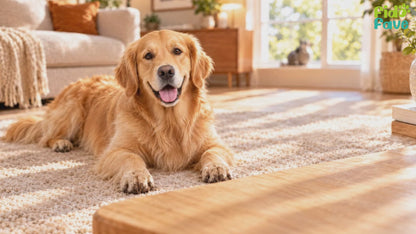 Fido Fave Clean Paws no-rinse paw cleaner foam demo — dirty paws after a walk, then the silicone brush head working foam into a white dog's paw pads and a wipe dry with no rinsing, shown in Fragrance-Free, Lemongrass Sage and Lavender Chamomile