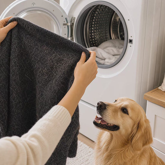 Fido Fave wool dryer balls demo — six New Zealand wool balls tumbling with a load of laundry to pull pet hair into the lint trap