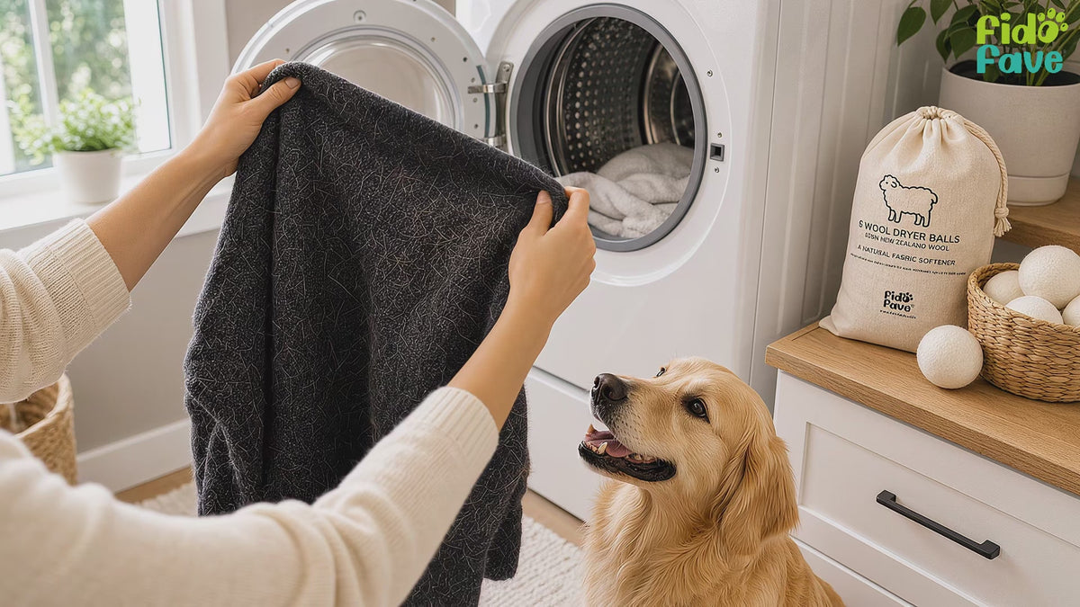 Fido Fave wool dryer balls demo — six New Zealand wool balls tumbling with a load of laundry to pull pet hair into the lint trap