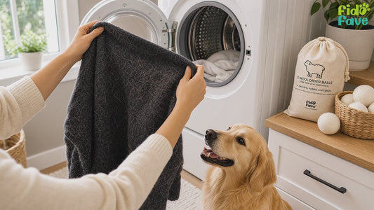 Fido Fave wool dryer balls demo — six New Zealand wool balls tumbling with a load of laundry to pull pet hair into the lint trap