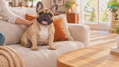 Fido Fave deshedding tool demo — close-up of the short-tooth blade, then brushing loose hair from a short-coated cream dog, with a French bulldog at home on the sofa