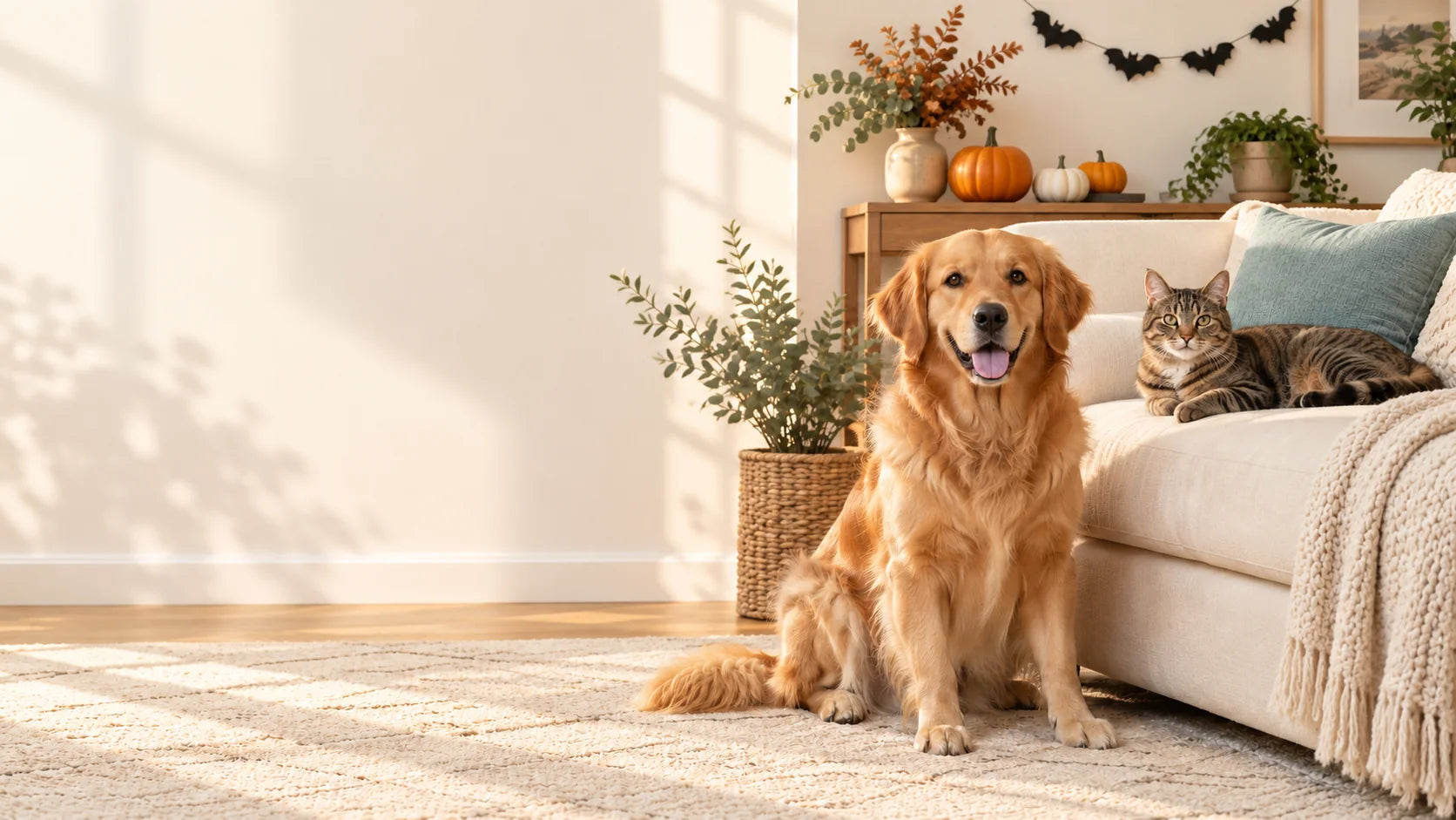 A relaxed cat and dog beside pumpkins in a warm, cream-colored living room.